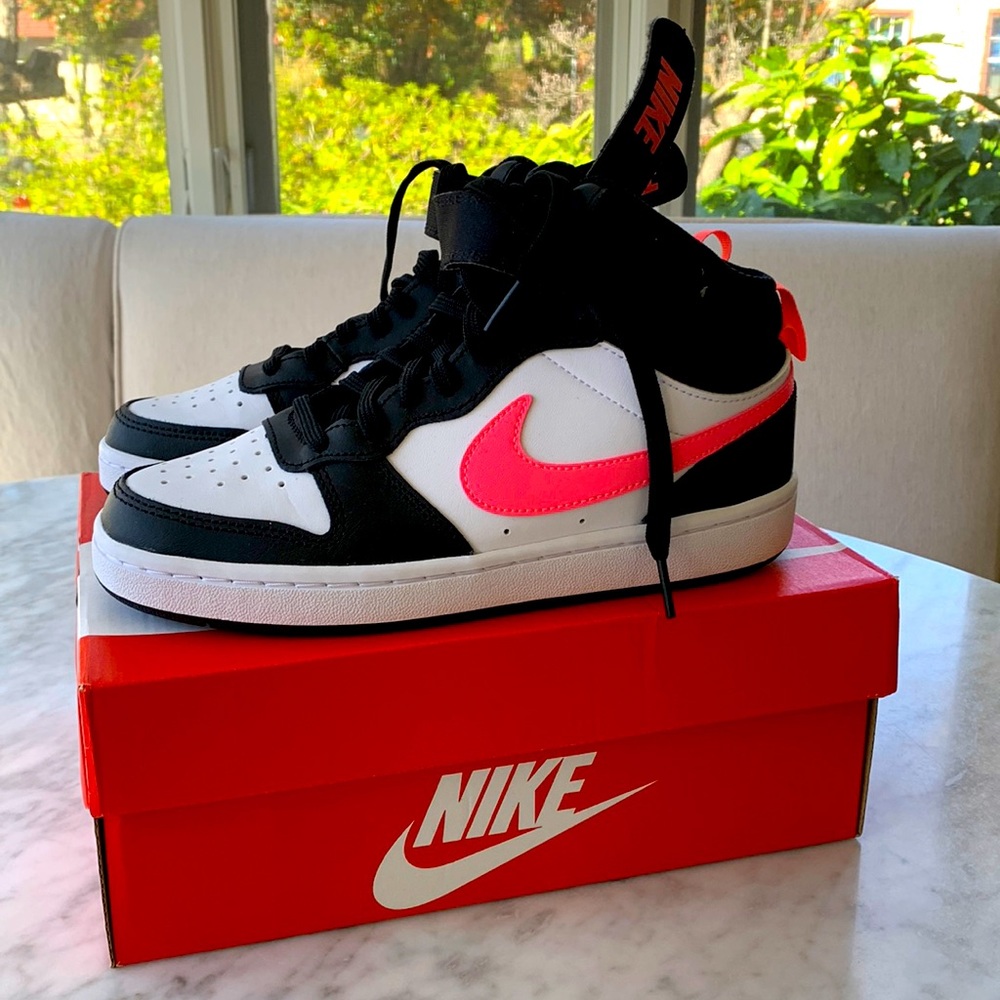 Nike Court Borough Mid 2 shoes- pink and black.  New in box.  Youth 4.5
